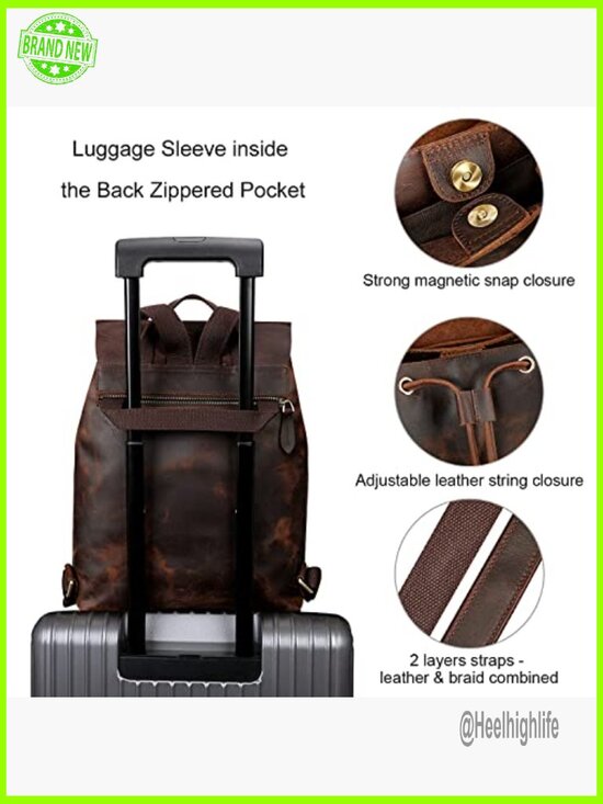 Genuine Leather Backpack Purse with Luggage Sleeve, Travel Daypack